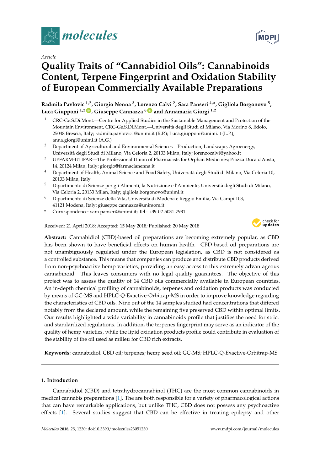 Quality Traits of “Cannabidiol Oils”: Cannabinoids Content, Terpene Fingerprint and Oxidation Stability of European Commercially Available Preparations