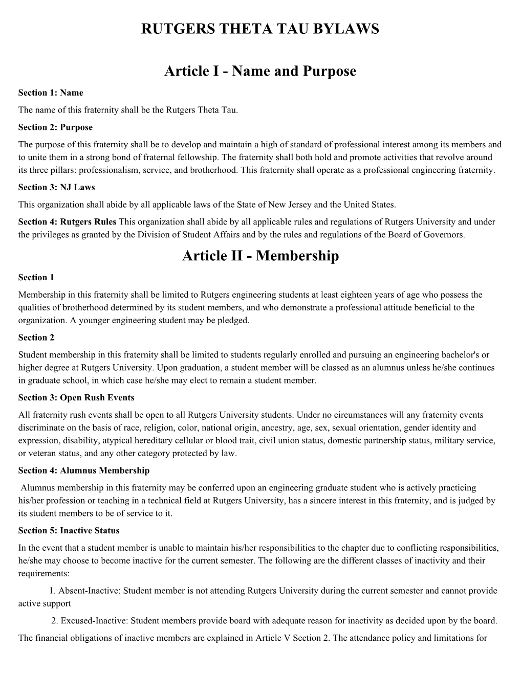 RUTGERS THETA TAU BYLAWS Article I Name and Purpose Article II