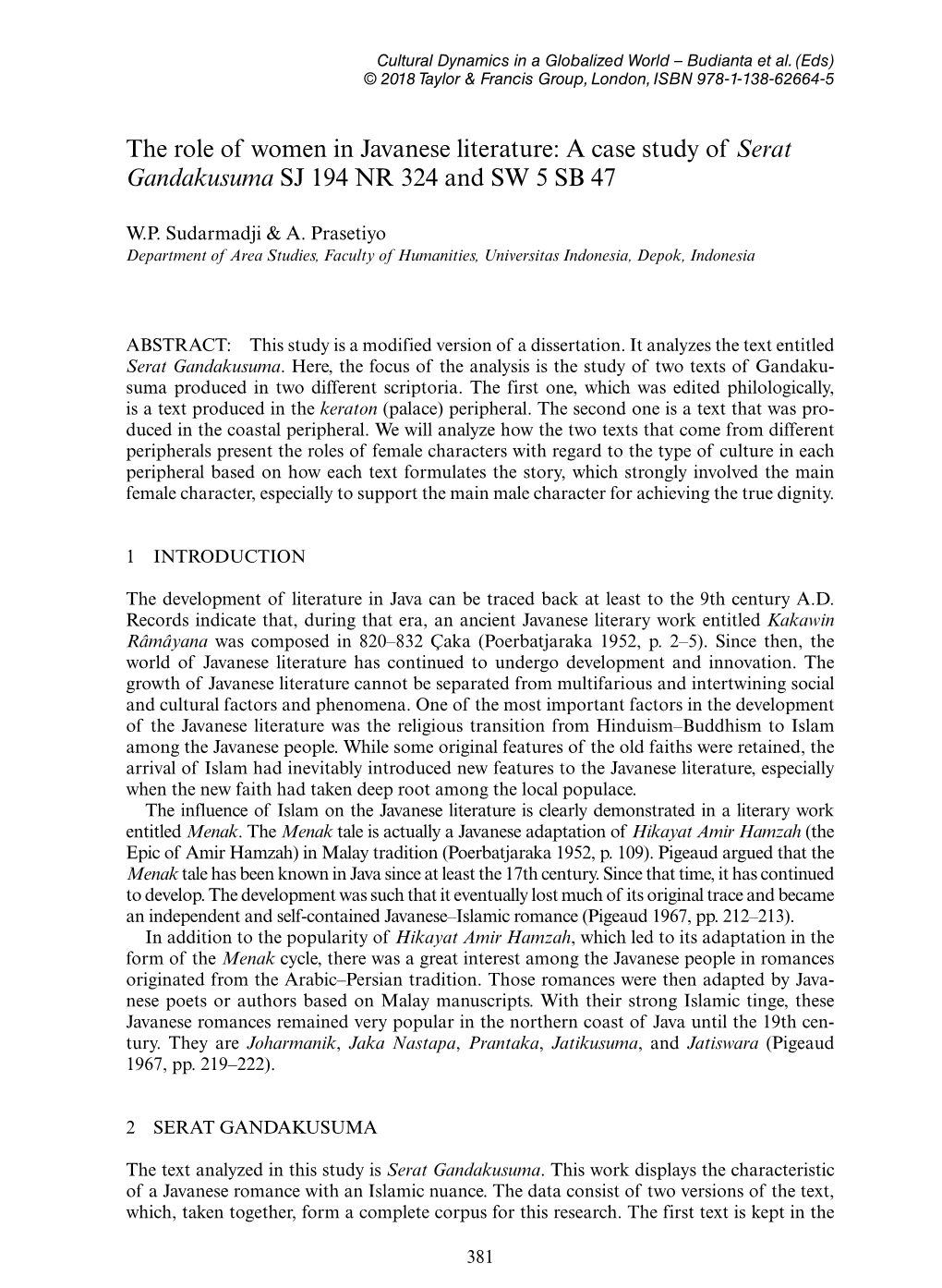 The Role of Women in Javanese Literature: a Case Study of Serat Gandakusuma SJ 194 NR 324 and SW 5 SB 47