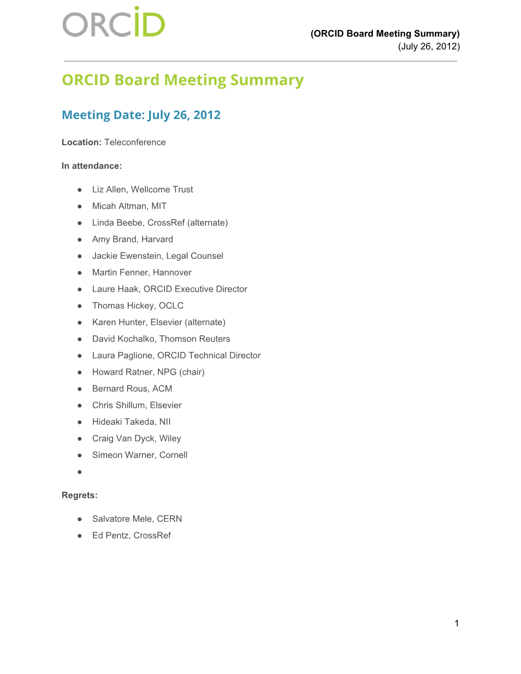 ORCID Board Meeting Summary) (July 26, 2012)