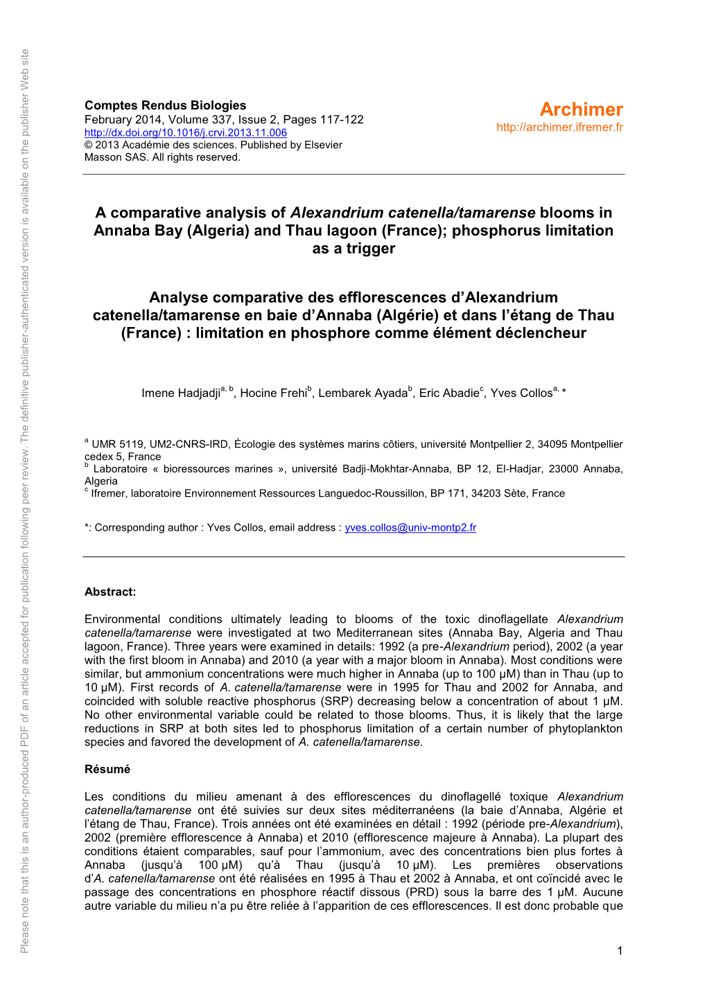 A Comparative Analysis of Alexandrium Catenella/Tamarense