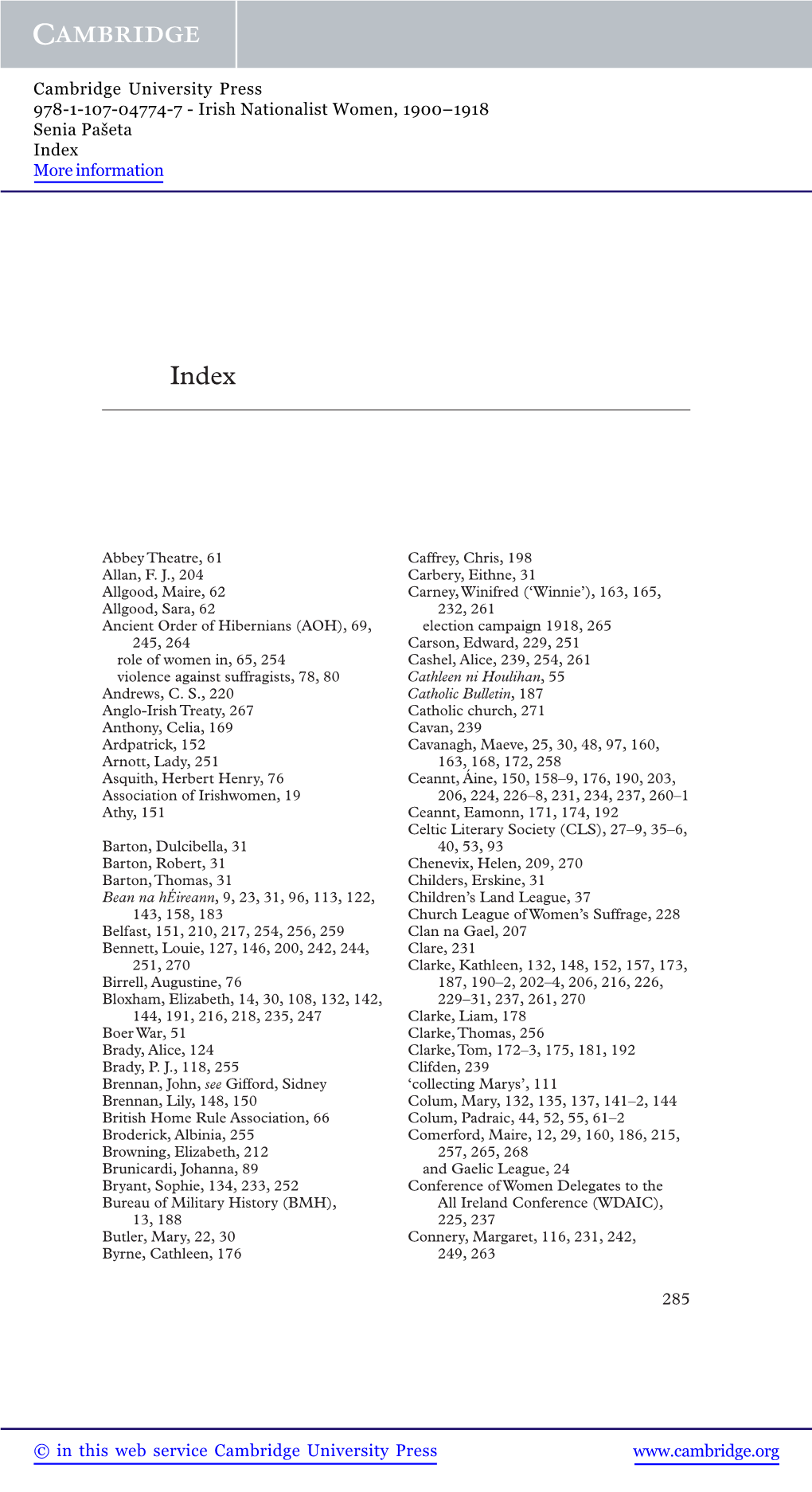 Irish Nationalist Women, 1900–1918 Senia Pašeta Index More Information