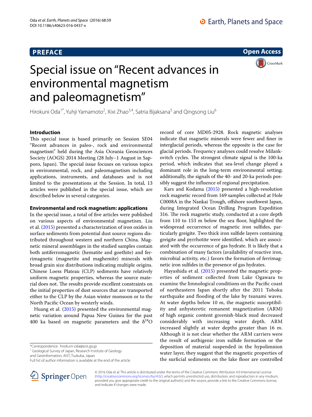 Recent Advances in Environmental Magnetism and Paleomagnetism” Hirokuni Oda1*, Yuhji Yamamoto2, Xixi Zhao3,4, Satria Bijaksana5 and Qingsong Liu6