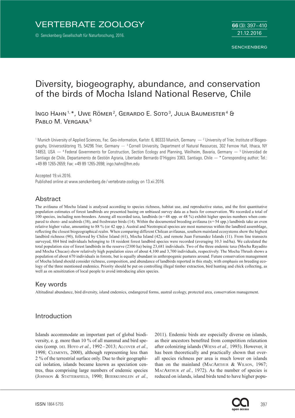 Diversity, Biogeography, Abundance, and Conservation of the Birds of Mocha Island National Reserve, Chile