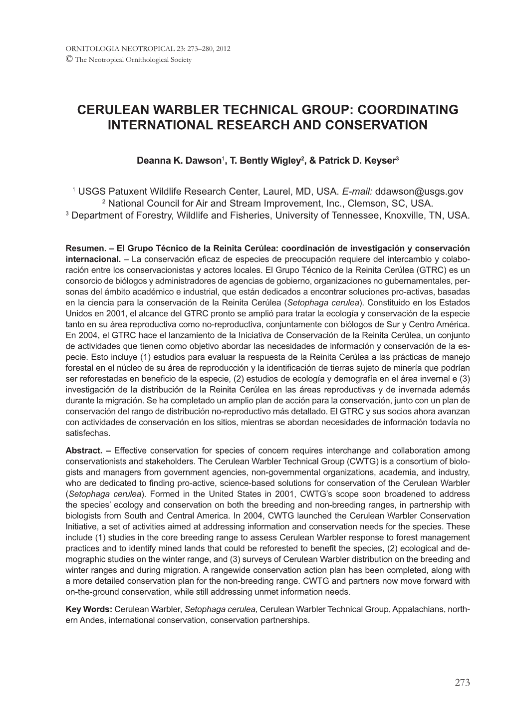 Cerulean Warbler Technical Group: Coordinating International Research and Conservation