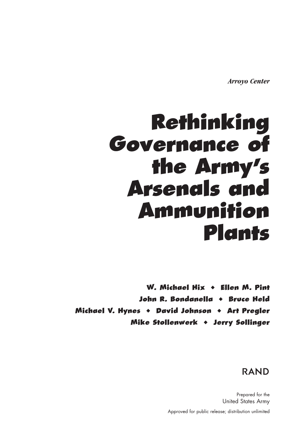 Rethinking Governance of the Army's Arsenals and Ammunition Plants