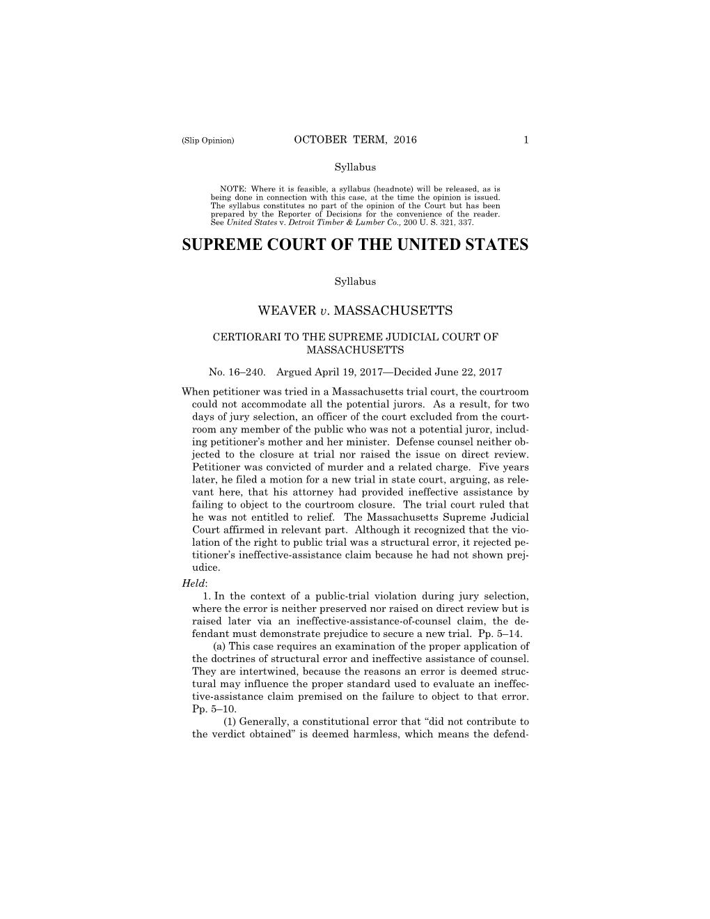 16-240 Weaver V. Massachusetts (06/22/2017)