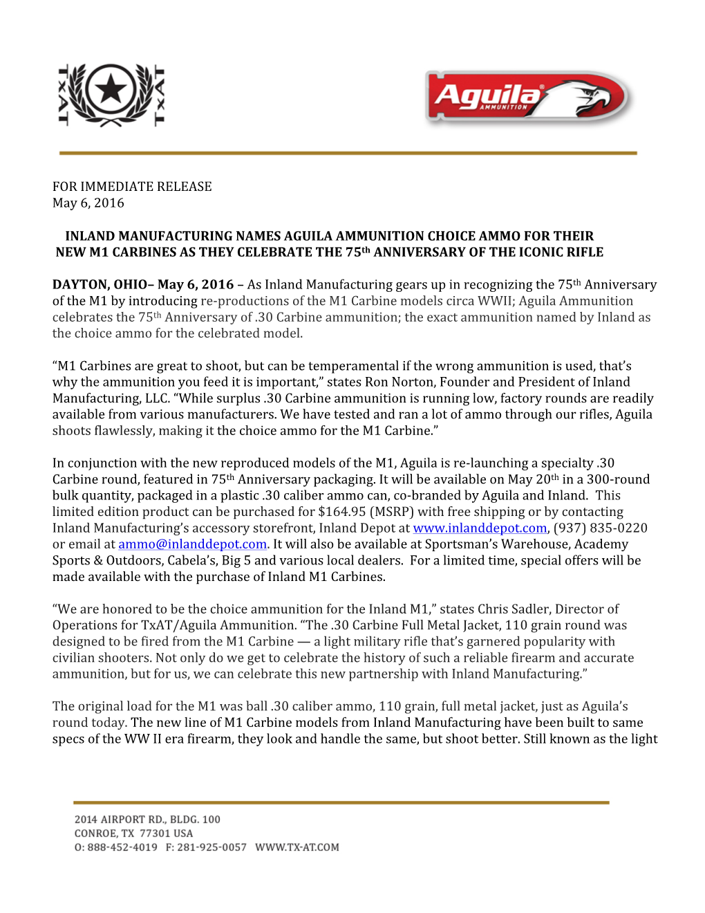 M1.30 Carbine Press Release