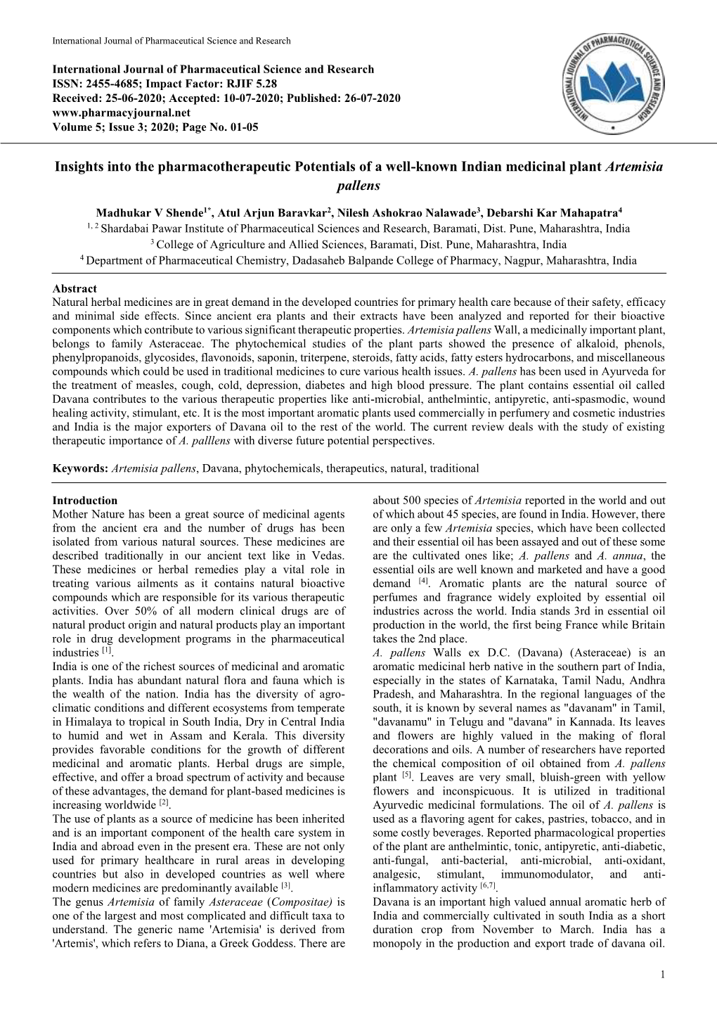 Insights Into the Pharmacotherapeutic Potentials of a Well-Known Indian Medicinal Plant Artemisia Pallens