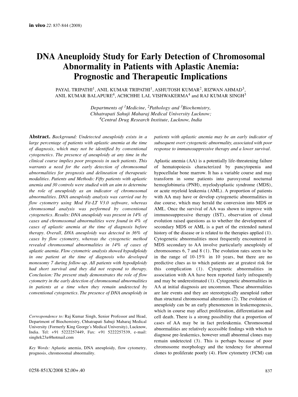 DNA Aneuploidy Study for Early Detection of Chromosomal