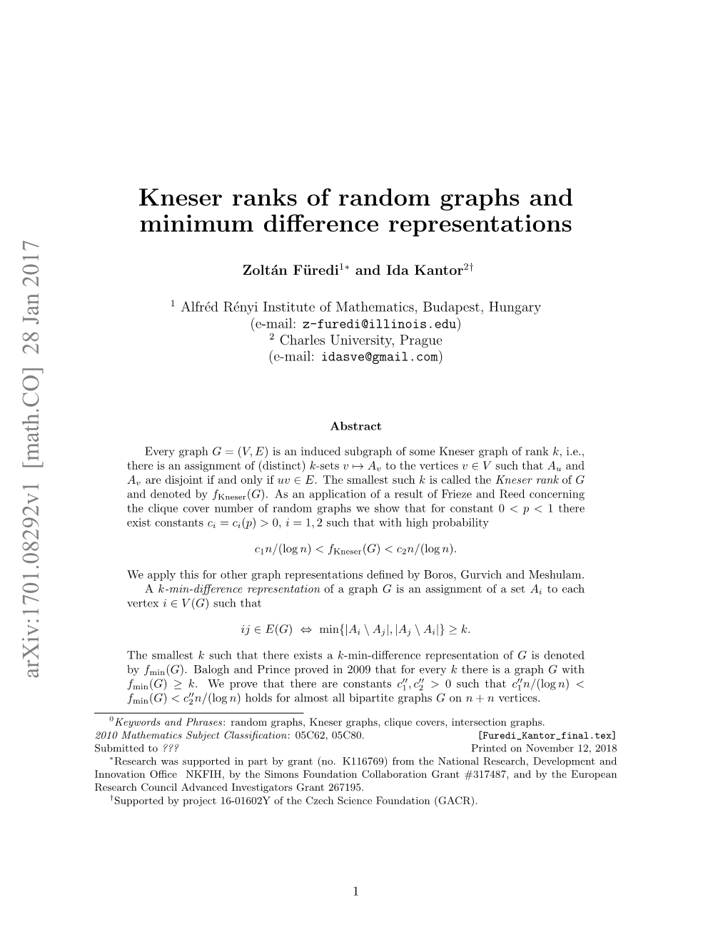 Kneser Ranks of Random Graphs and Minimum Difference Representations