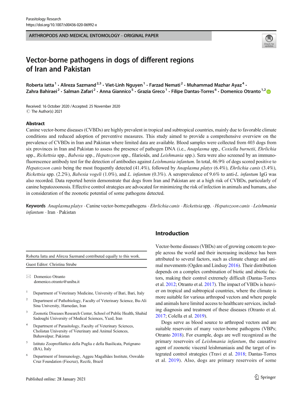 Vector-Borne Pathogens in Dogs of Different Regions of Iran and Pakistan