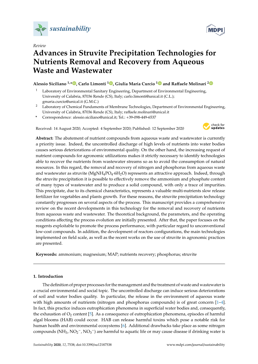 Advances in Struvite Precipitation Technologies for Nutrients Removal and Recovery from Aqueous Waste and Wastewater