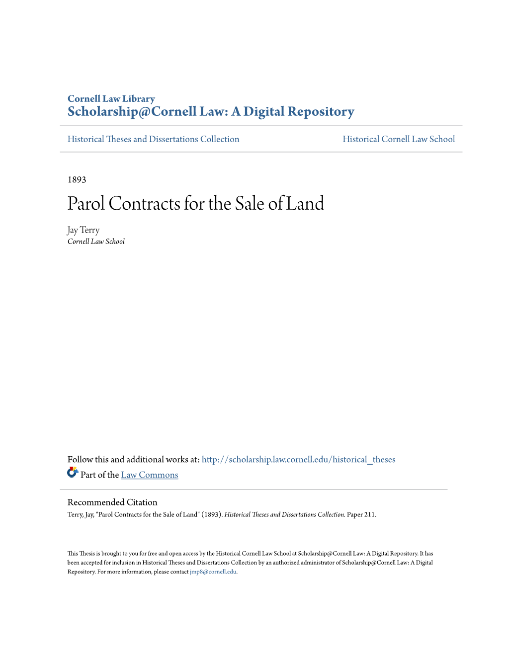 Parol Contracts for the Sale of Land Jay Terry Cornell Law School