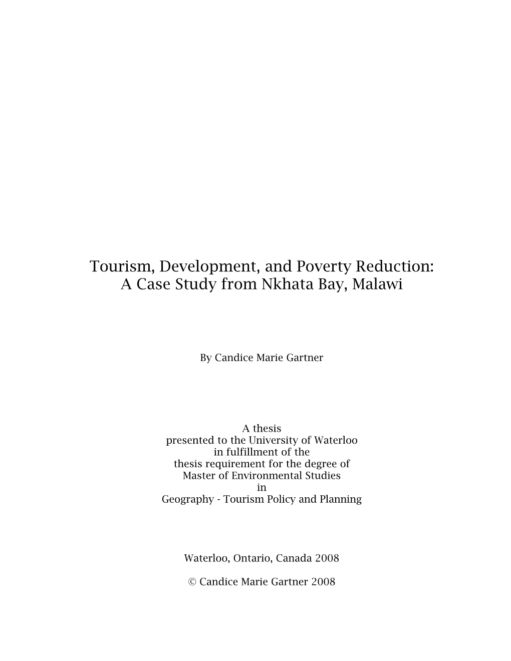 Tourism, Development, and Poverty Reduction: a Case Study from Nkhata Bay, Malawi