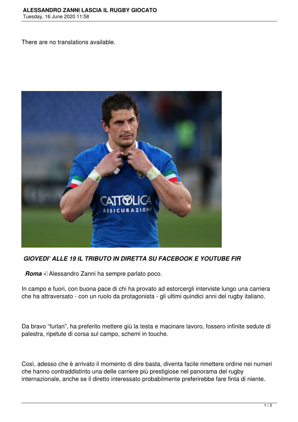 ALESSANDRO ZANNI LASCIA IL RUGBY GIOCATO Tuesday, 16 June 2020 11:58