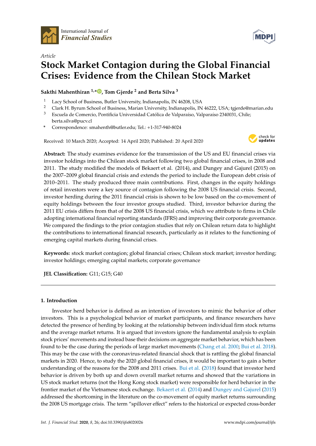 Stock Market Contagion During the Global Financial Crises: Evidence from the Chilean Stock Market