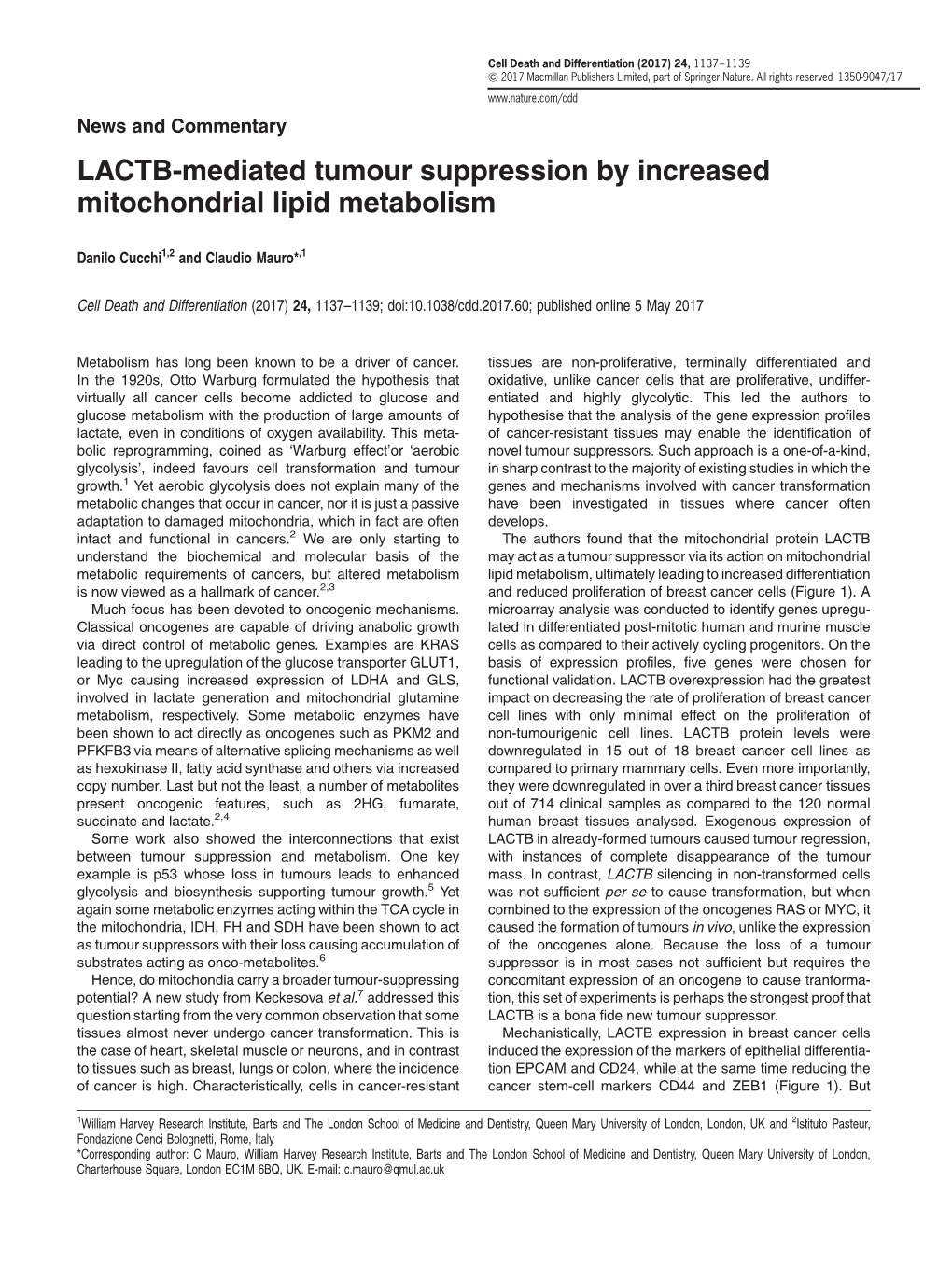 LACTB-Mediated Tumour Suppression by Increased Mitochondrial Lipid Metabolism