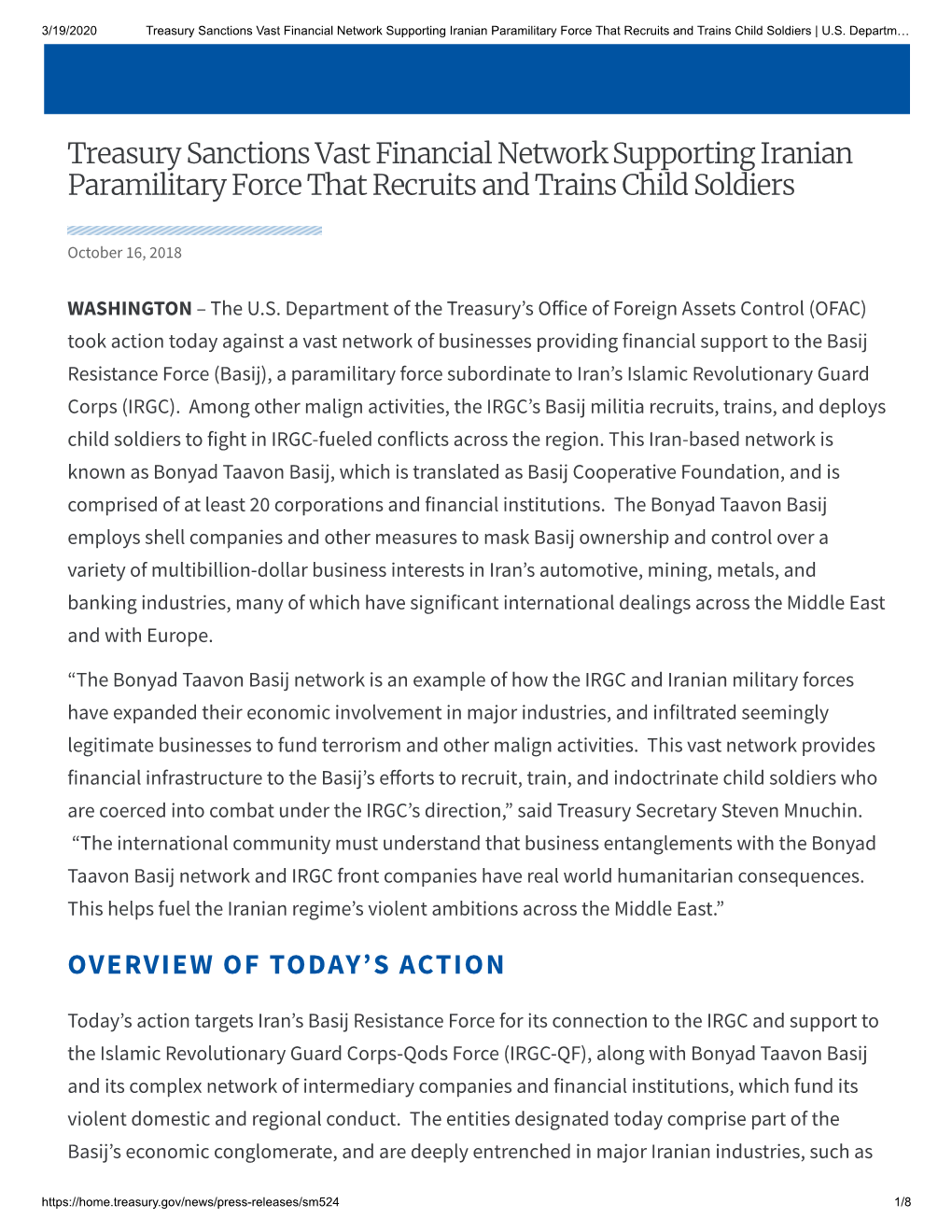 Treasury Sanctions Vast Financial Network Supporting Iranian Paramilitary Force That Recruits and Trains Child Soldiers | U.S