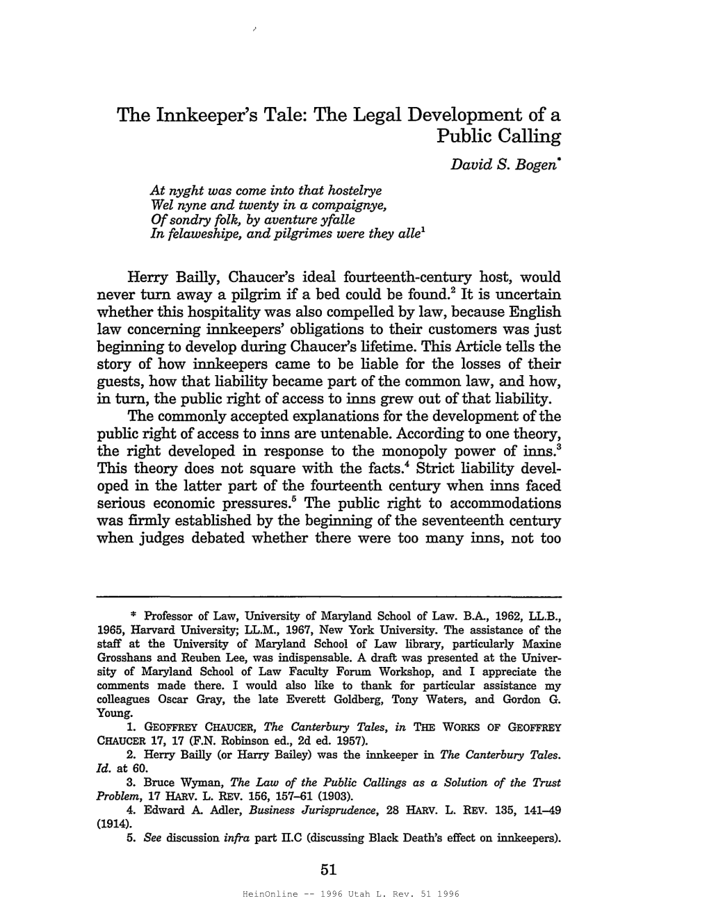 The Innkeeper's Tale: the Legal Development of a Public Calling David S