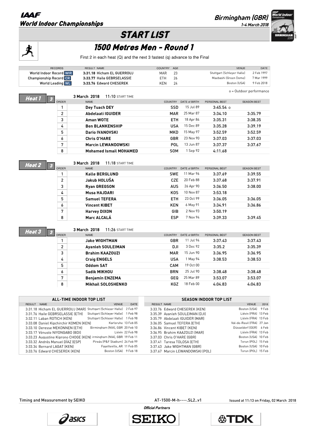 START LIST 1500 Metres Men - Round 1 First 2 in Each Heat (Q) and the Next 3 Fastest (Q) Advance to the Final