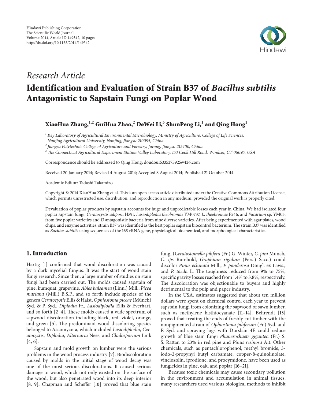 Identification and Evaluation of Strain B37 of Bacillus Subtilis Antagonistic to Sapstain Fungi on Poplar Wood