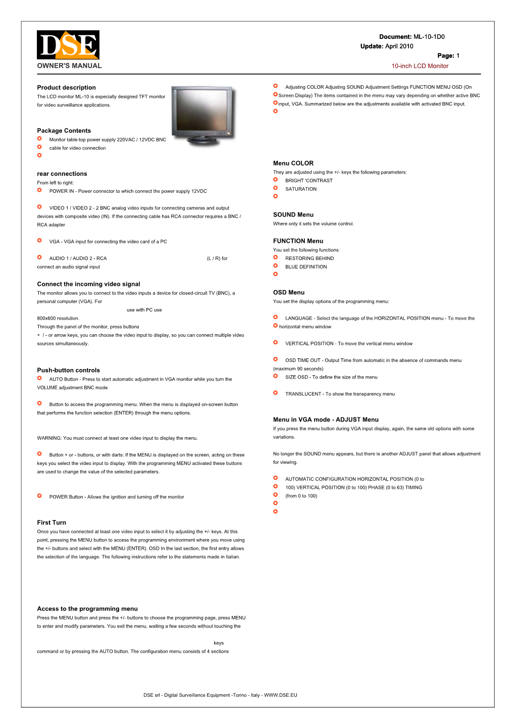 OWNER's MANUAL 10-Inch LCD Monitor