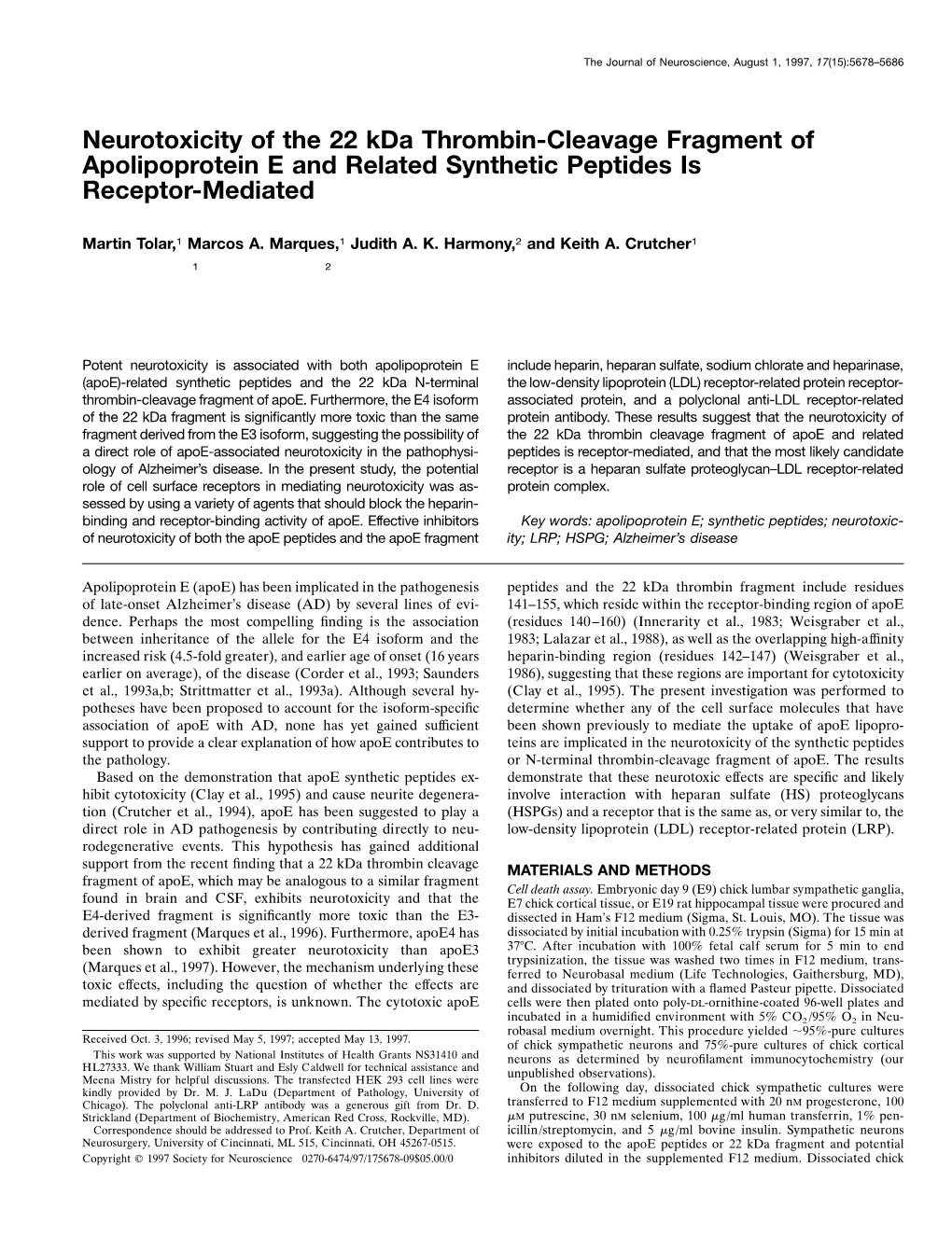 Neurotoxicity of the 22 Kda Thrombin-Cleavage Fragment of Apolipoprotein E and Related Synthetic Peptides Is Receptor-Mediated