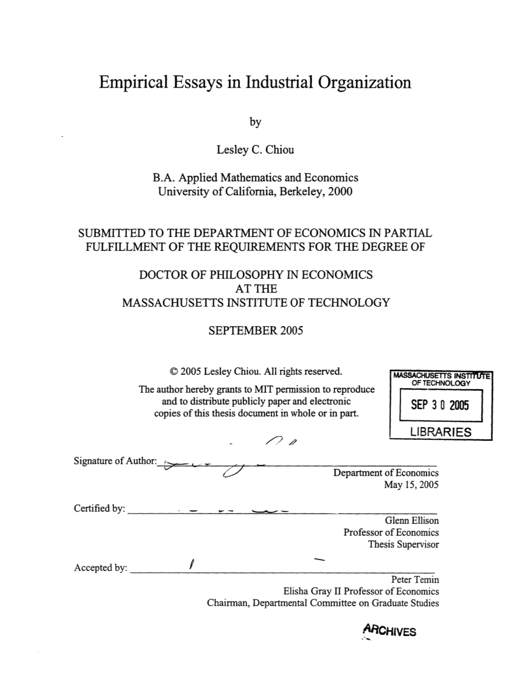 Empirical Essays in Industrial Organization