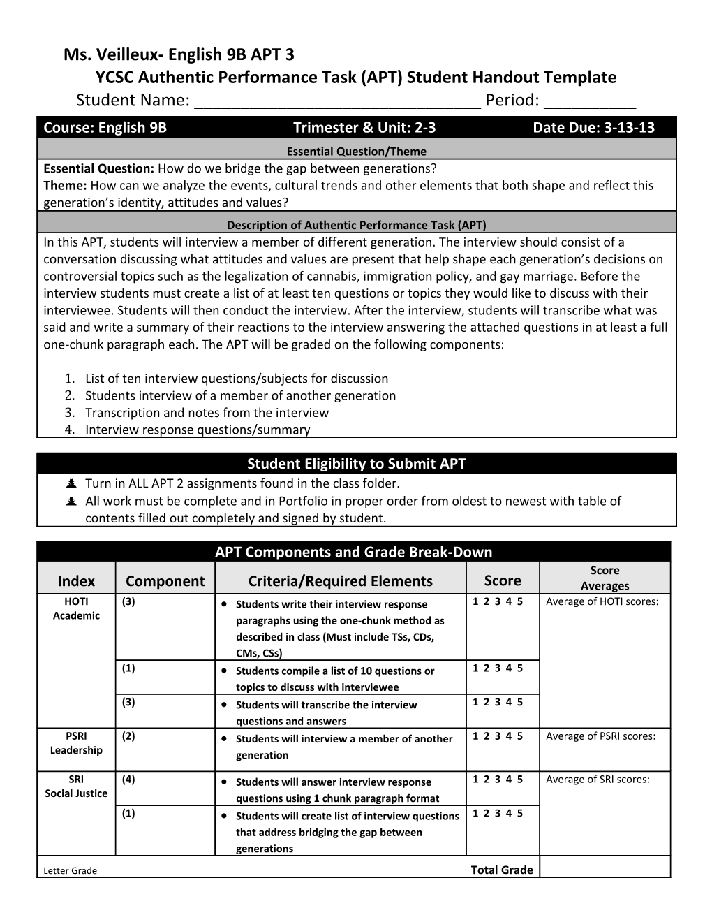 YCSC Authentic Performance Task (APT) Student Handout Template