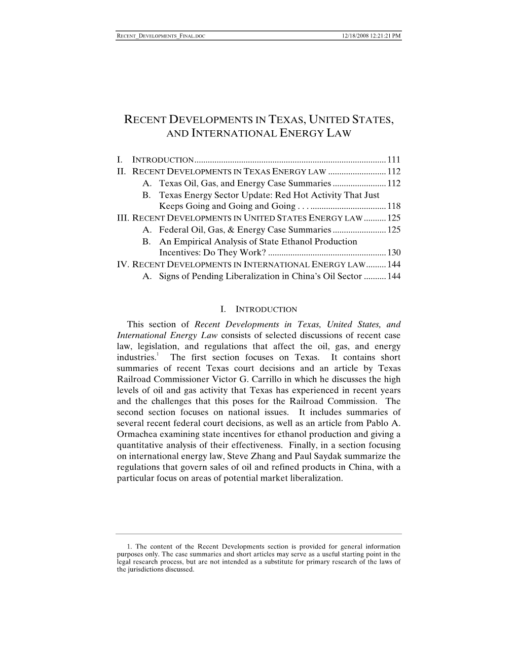 Recent Developments in Texas, United States, and International Energy Law