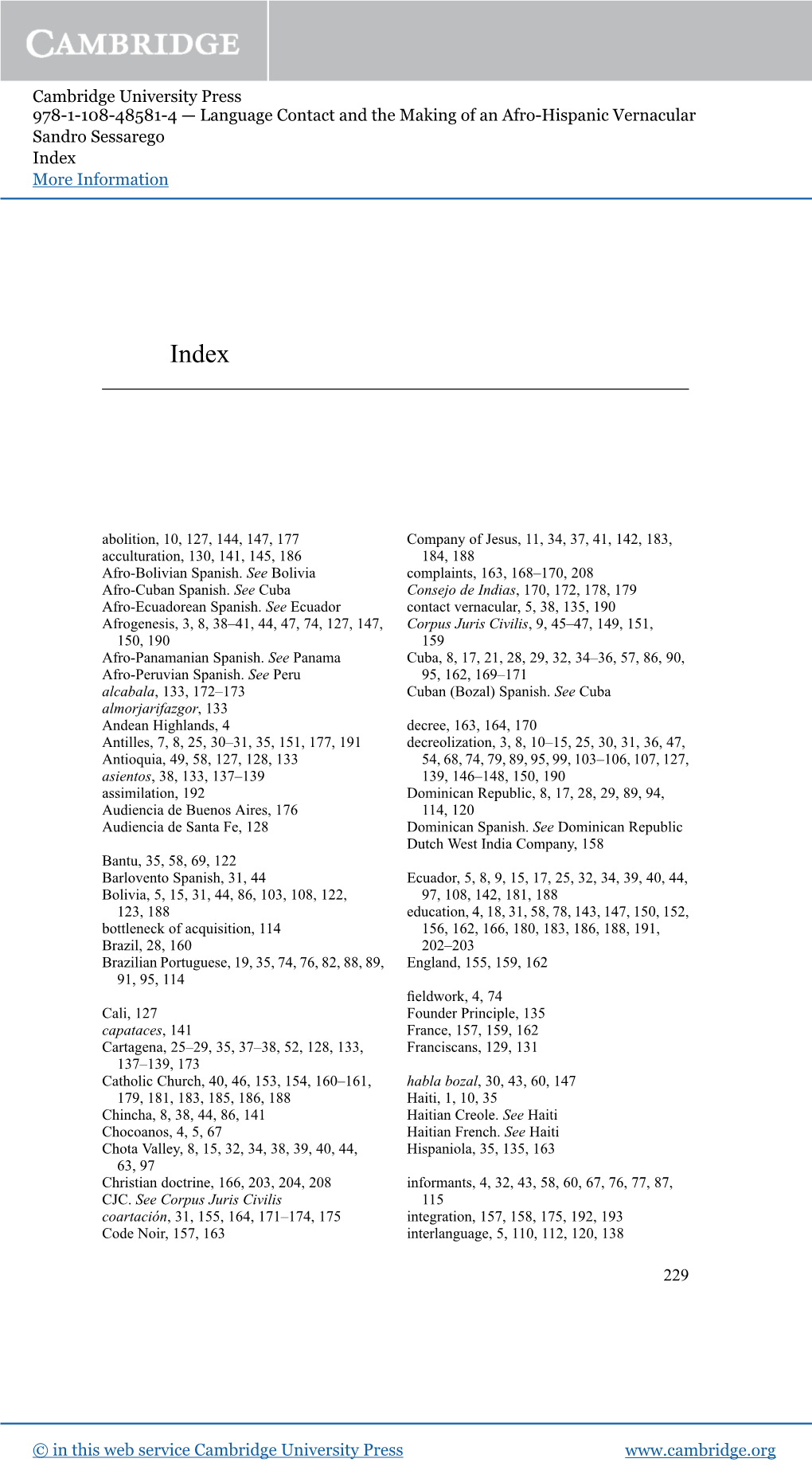 Cambridge University Press 978-1-108-48581-4 — Language Contact and the Making of an Afro-Hispanic Vernacular Sandro Sessarego Index More Information