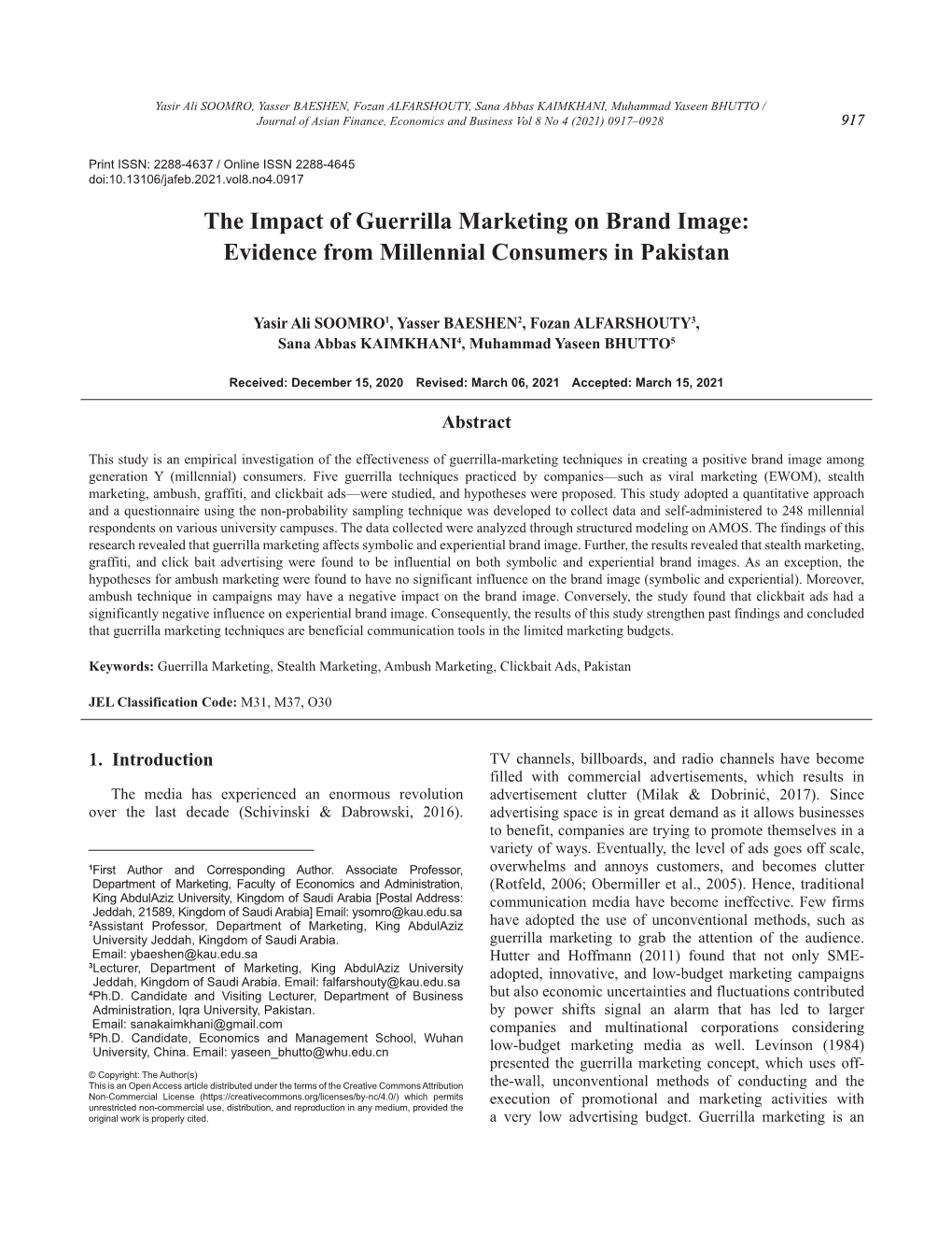 The Impact of Guerrilla Marketing on Brand Image: Evidence from Millennial Consumers in Pakistan