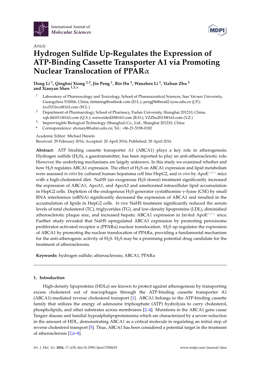 Hydrogen Sulfide Up-Regulates the Expression of ATP-Binding