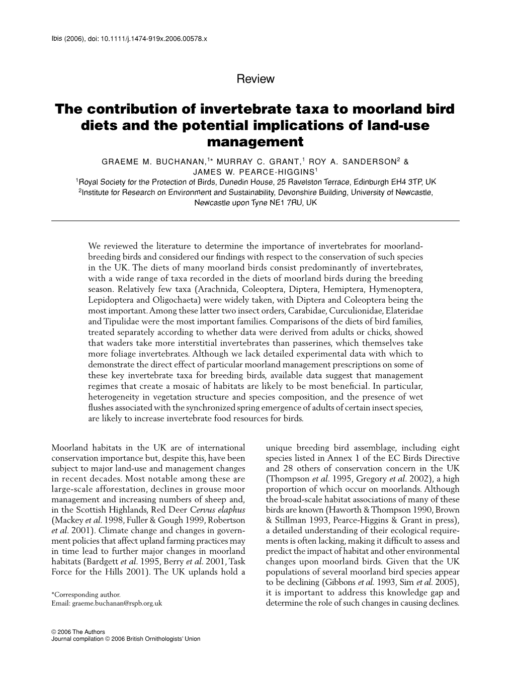 The Contribution of Invertebrate Taxa to Moorland Bird Diets and the Potential Implications of Land-Use Management