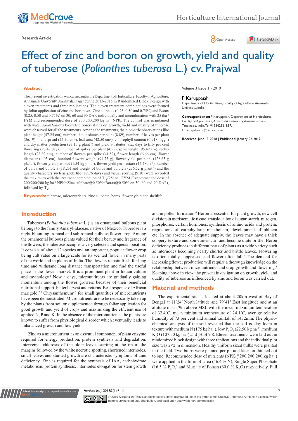 Effect of Zinc and Boron on Growth, Yield and Quality of Tuberose (Polianthes Tuberosa L.) Cv