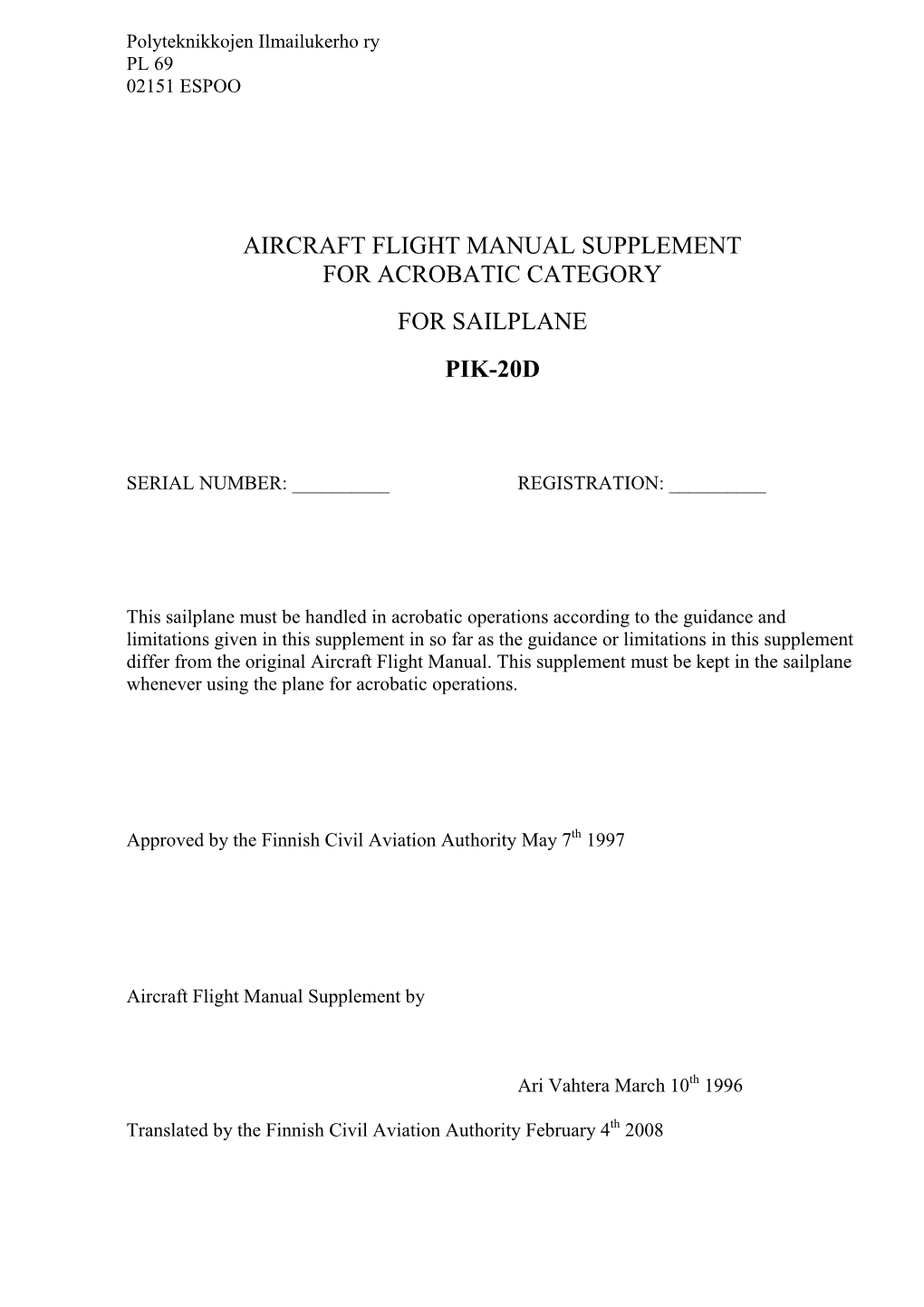 Flight Manual Supplement for Acrobatic Category for Sailplane Pik-20D