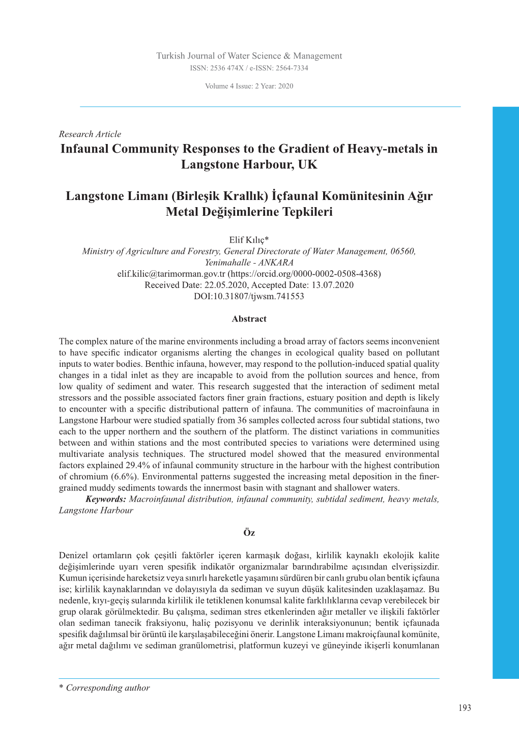 Infaunal Community Responses to the Gradient of Heavy-Metals in Langstone Harbour, UK Langstone Limanı