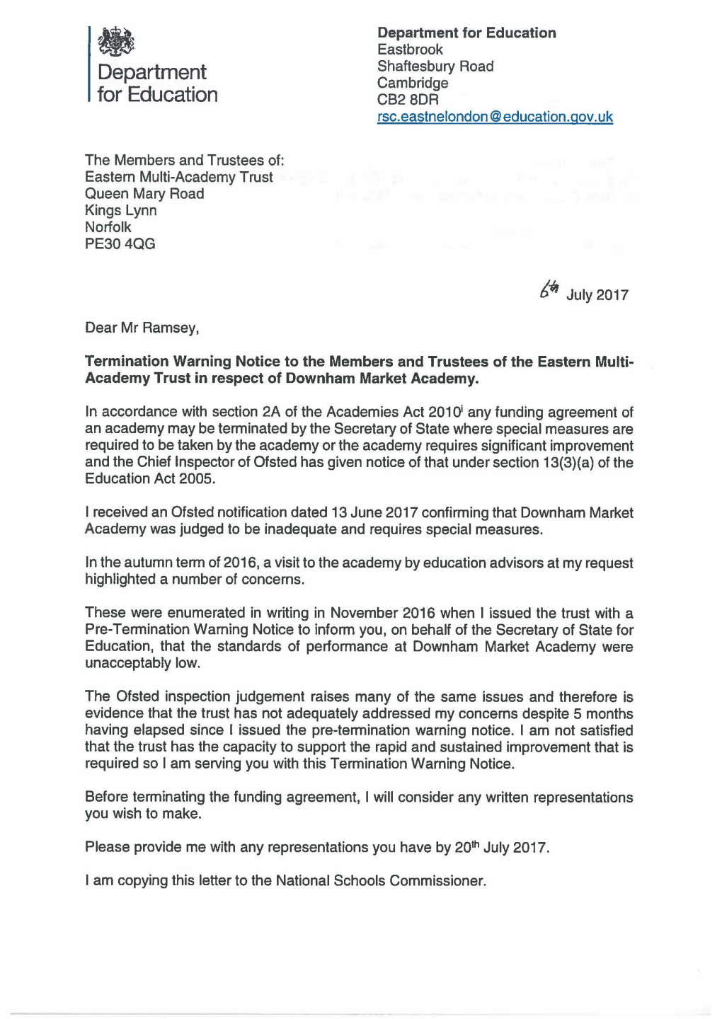 Termination Warning Notice to the Members and Trustees of the Eastern Multi­ Academy Trust in Respect of Downham Market Academy