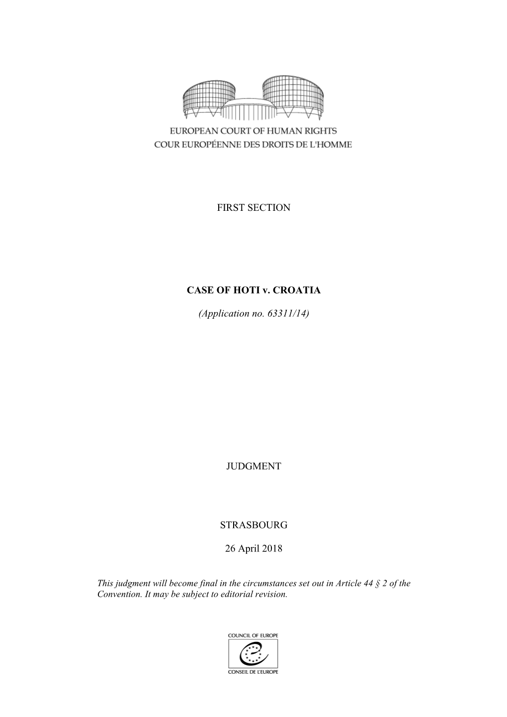 FIRST SECTION CASE of HOTI V. CROATIA