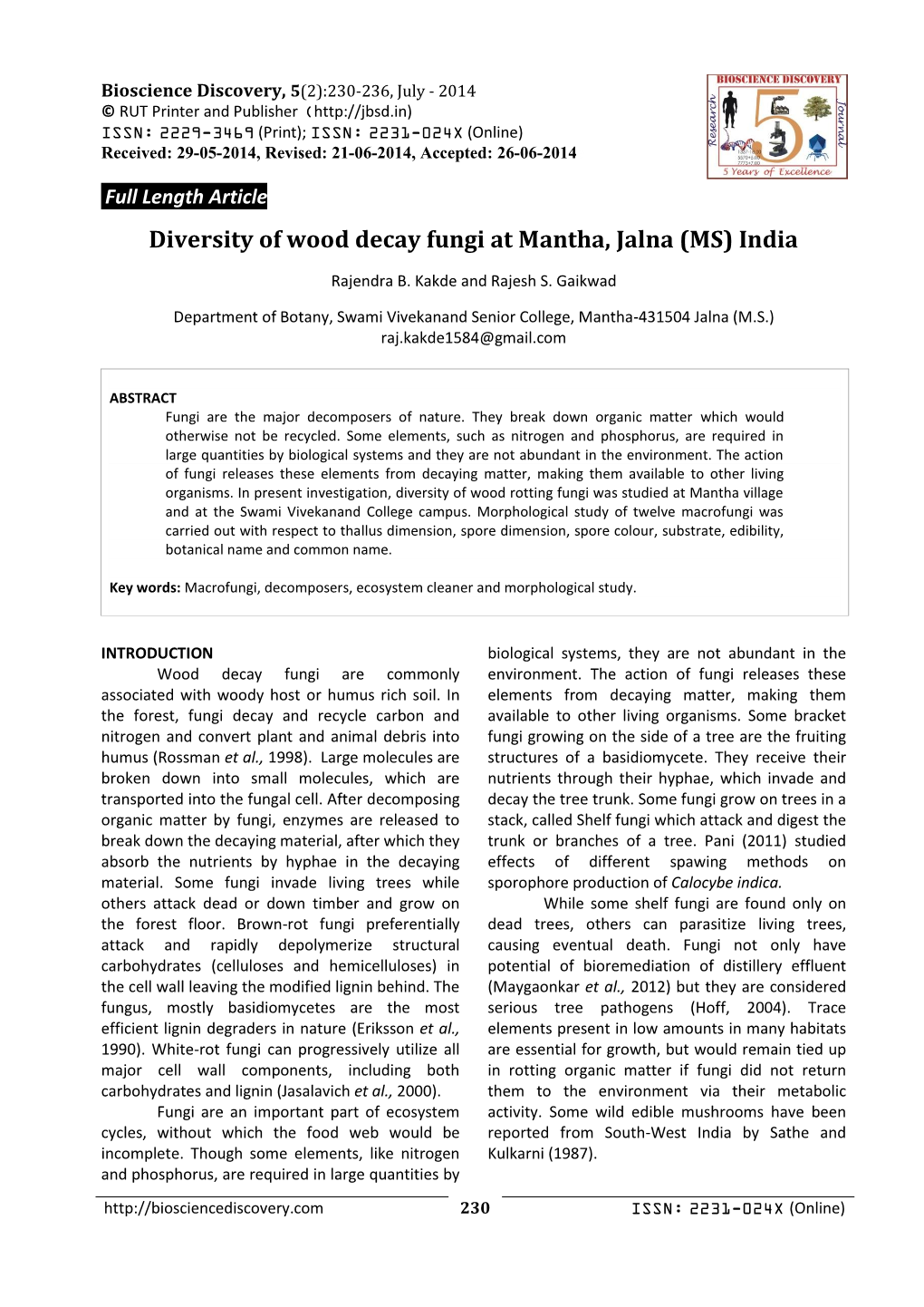 Diversity of Wood Decay Fungi at Mantha, Jalna (MS) India