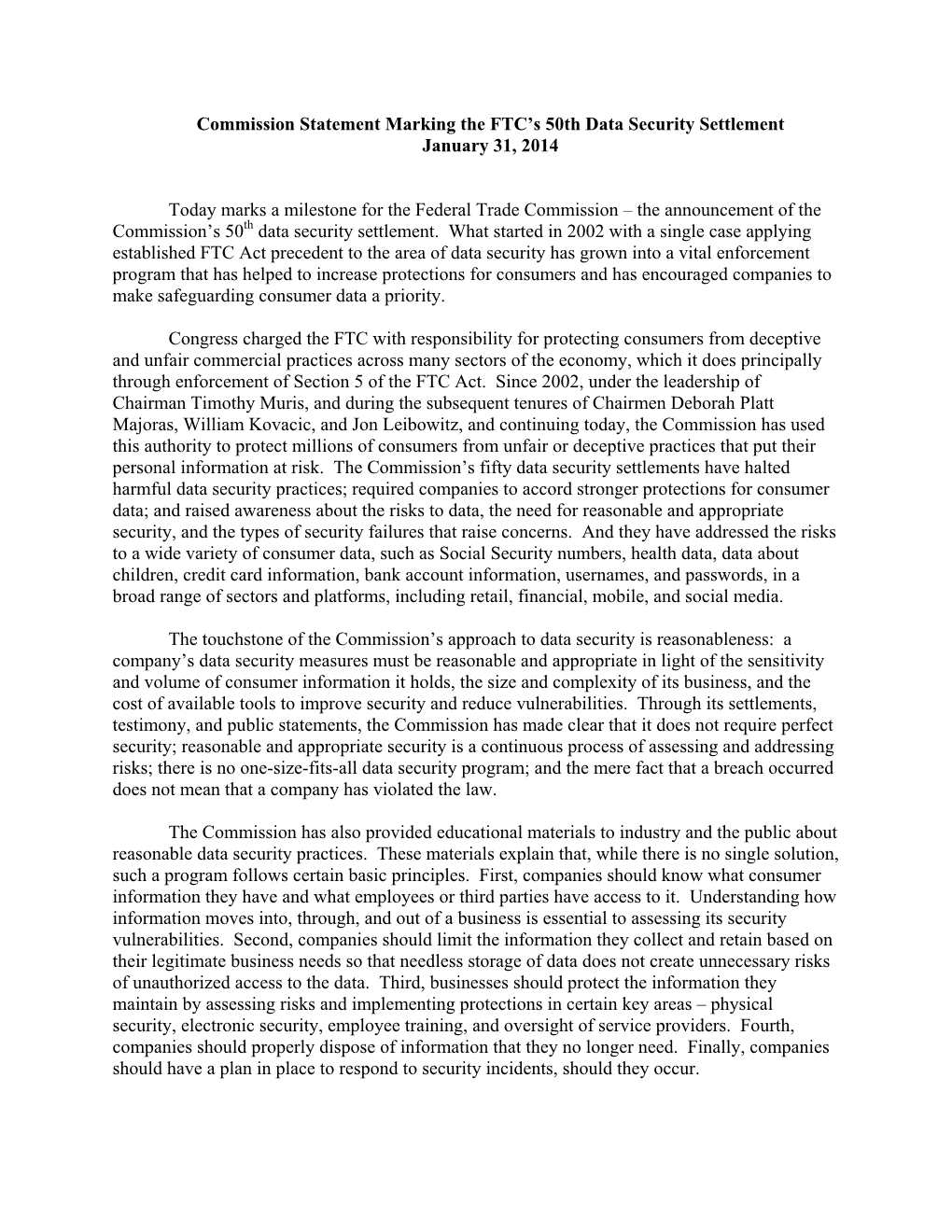 Commission Statement Marking the FTC's 50Th Data Security Settlement