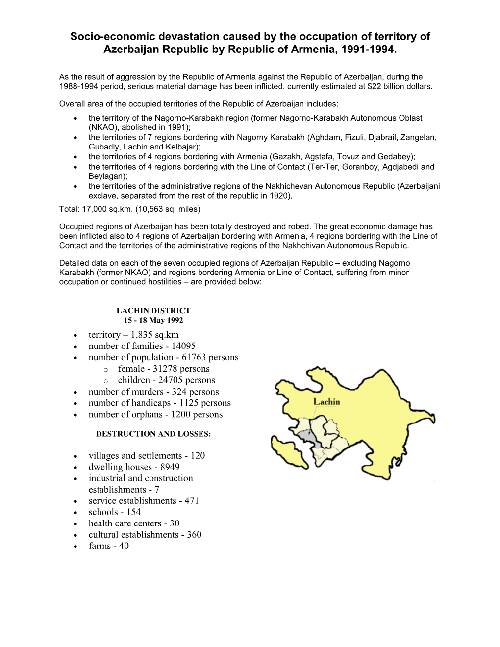 Socio-Economic Devastation Caused by the Occupation of Territory of Azerbaijan Republic