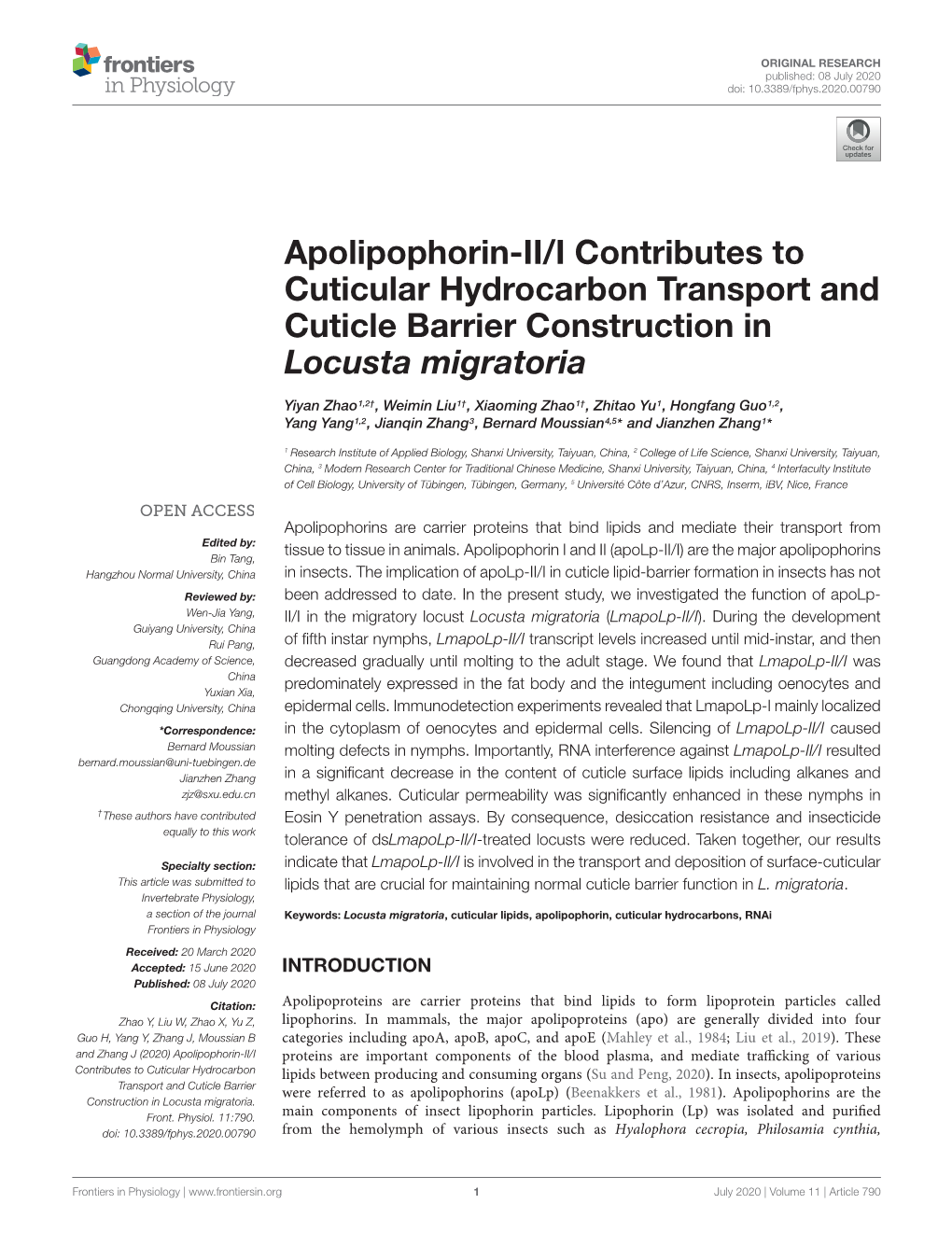 Apolipophorin-II/I Contributes to Cuticular Hydrocarbon Transport and Cuticle Barrier Construction in Locusta Migratoria