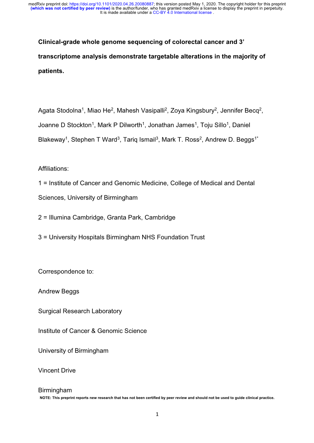 Clinical-Grade Whole Genome Sequencing of Colorectal Cancer and 3’