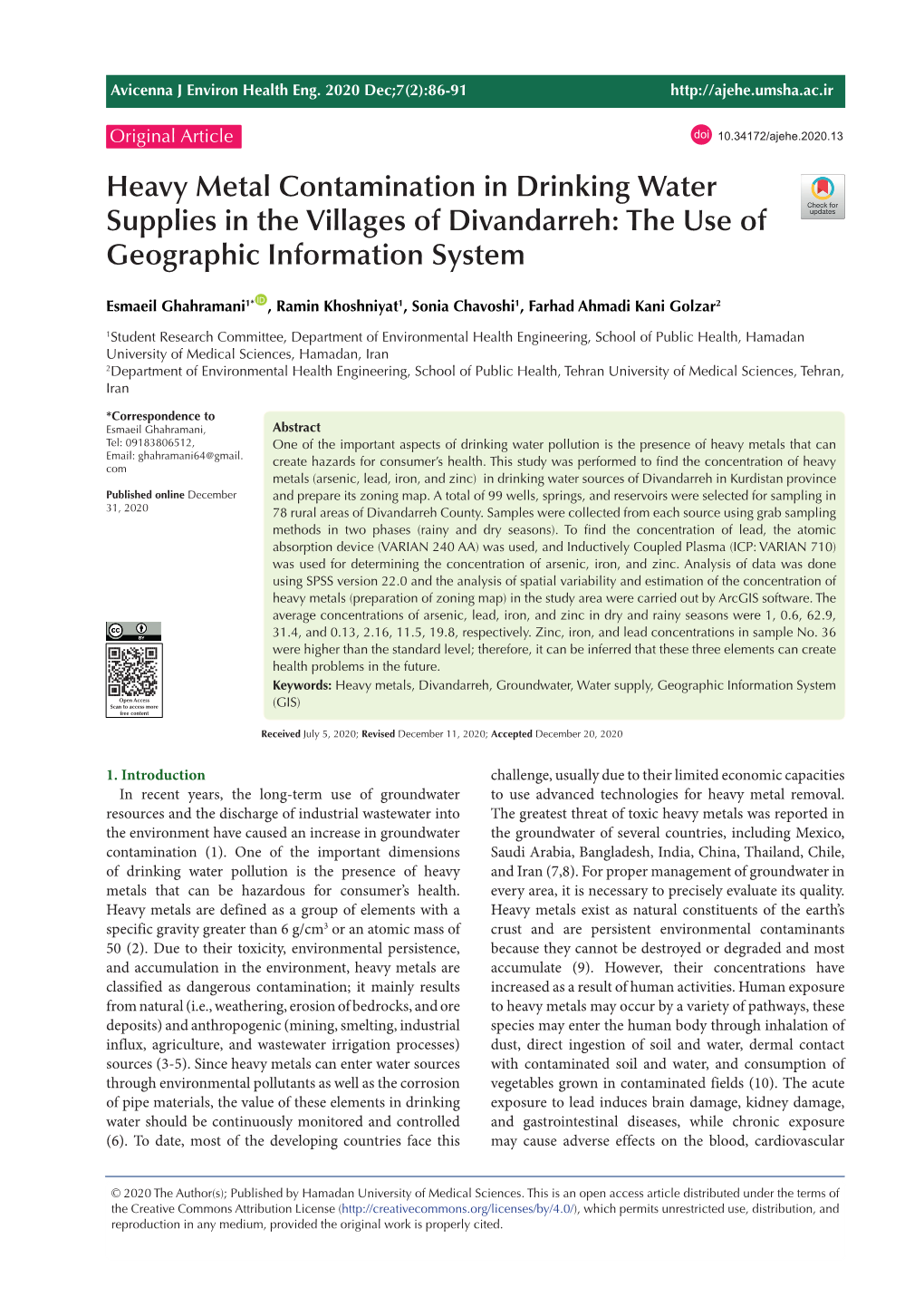 Heavy Metal Contamination in Drinking Water Supplies in the Villages of Divandarreh: the Use of Geographic Information System