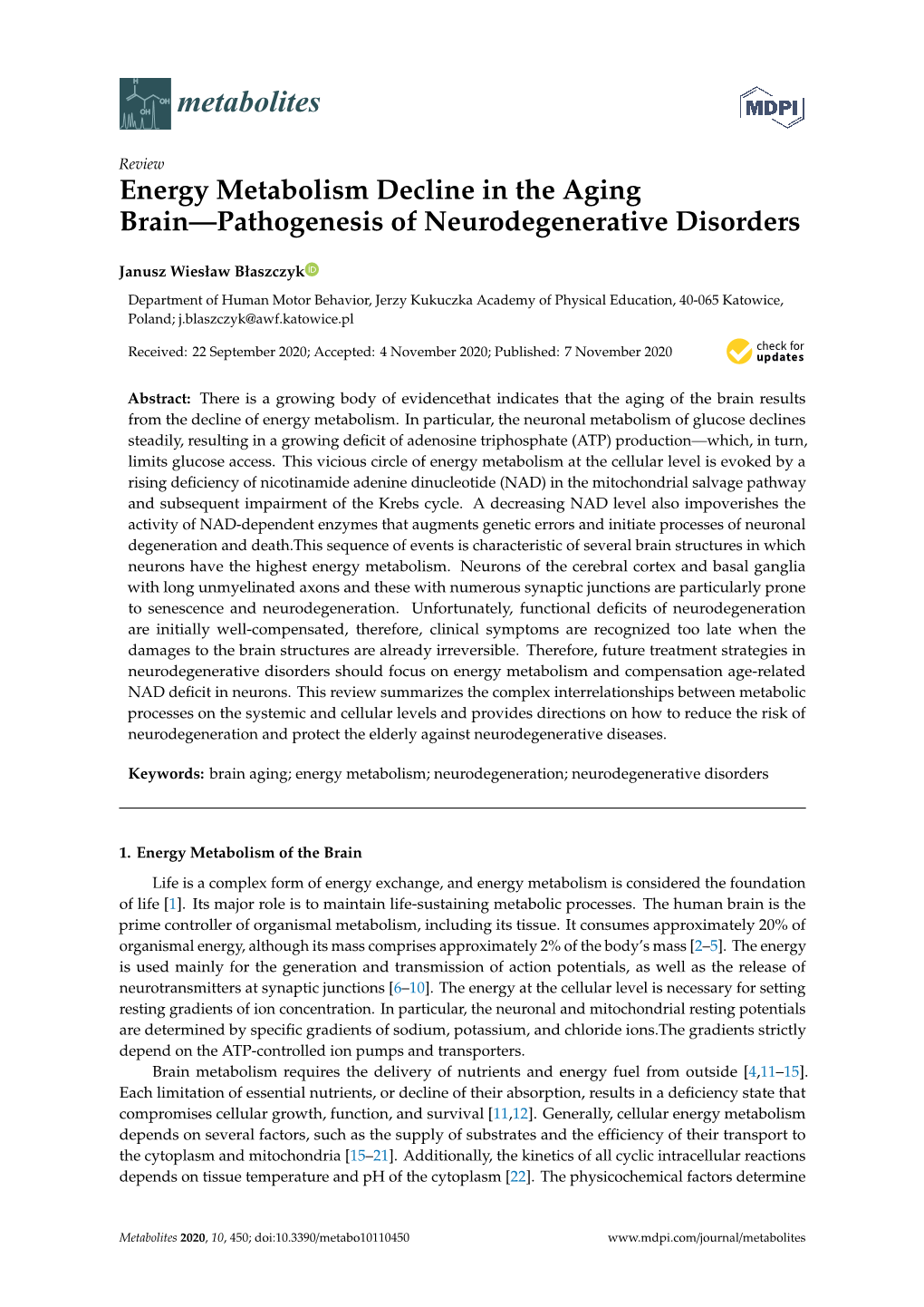 Energy Metabolism Decline in the Aging Brain—Pathogenesis of Neurodegenerative Disorders