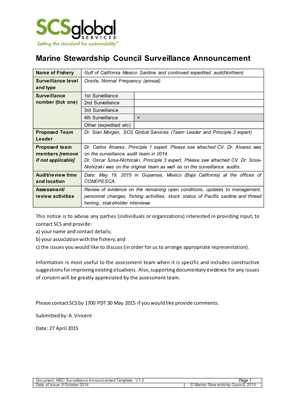 Marine Stewardship Council Surveillance Announcement