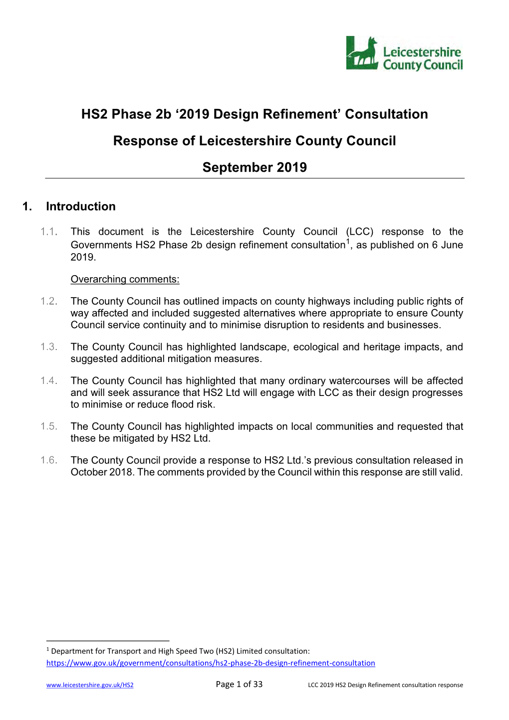 Response to HS2 Phase 2B '2019 Design Refinement' Consultation