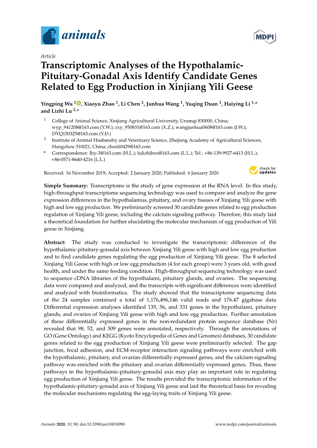 Pituitary-Gonadal Axis Identify Candidate Genes Related to Egg Production in Xinjiang Yili Geese